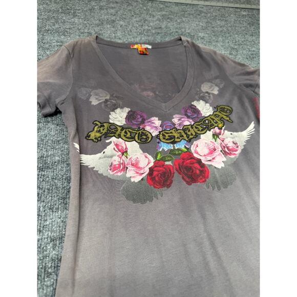 Christian Audigier Paco Chicano Women’s T-Shirt Sz L V-Neck Crown Roses Dove - Picture 16 of 16